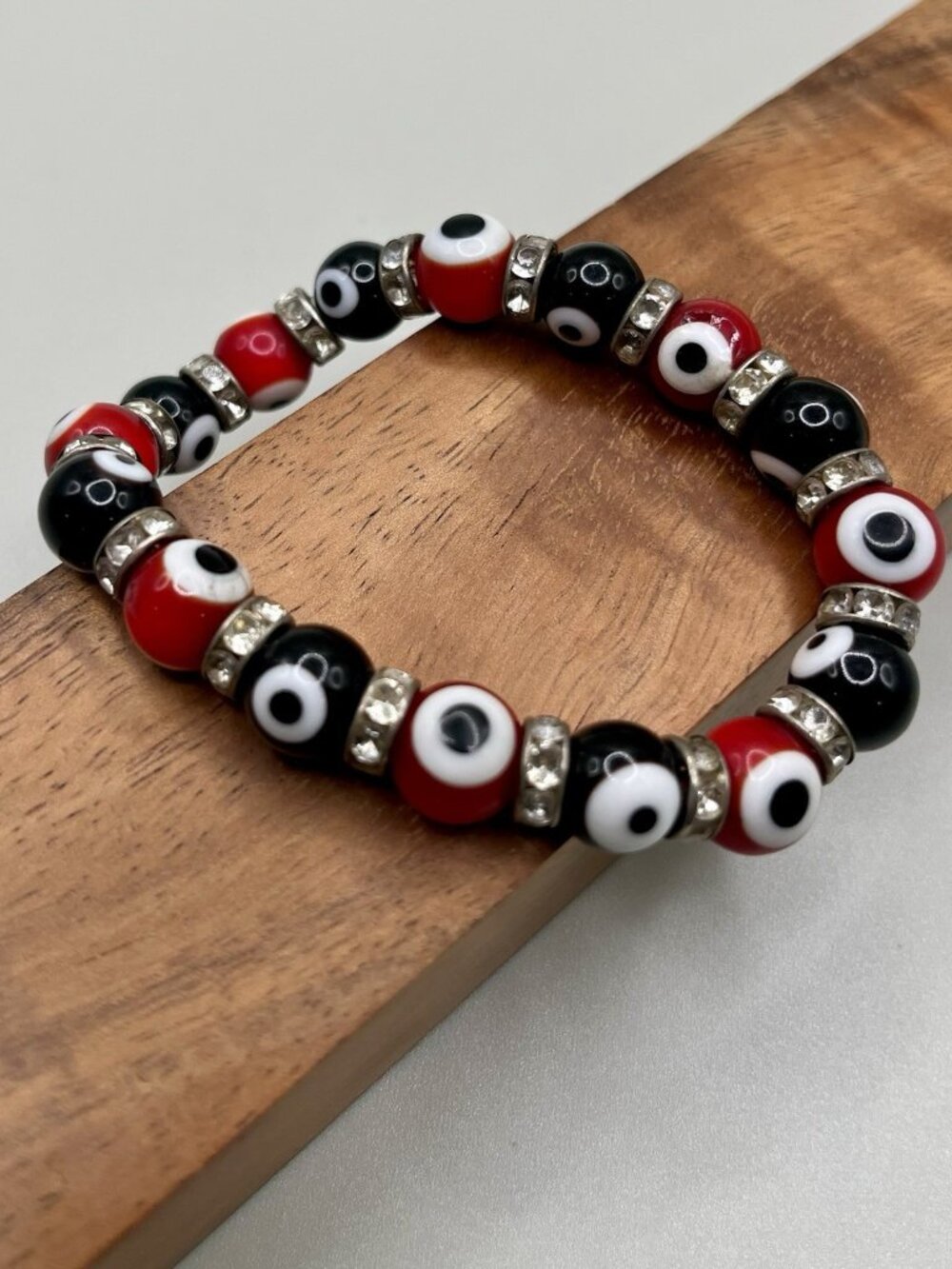 VTG Y2K Evil Eye Nazar Glass Bead Bracelet Red Black Rhinestone Stretch Boho